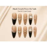 Black French Pearl & Rhinestone Press‑On Nails, Medium‑Long Almond Luxury Elegant False Nails With Polka Dots